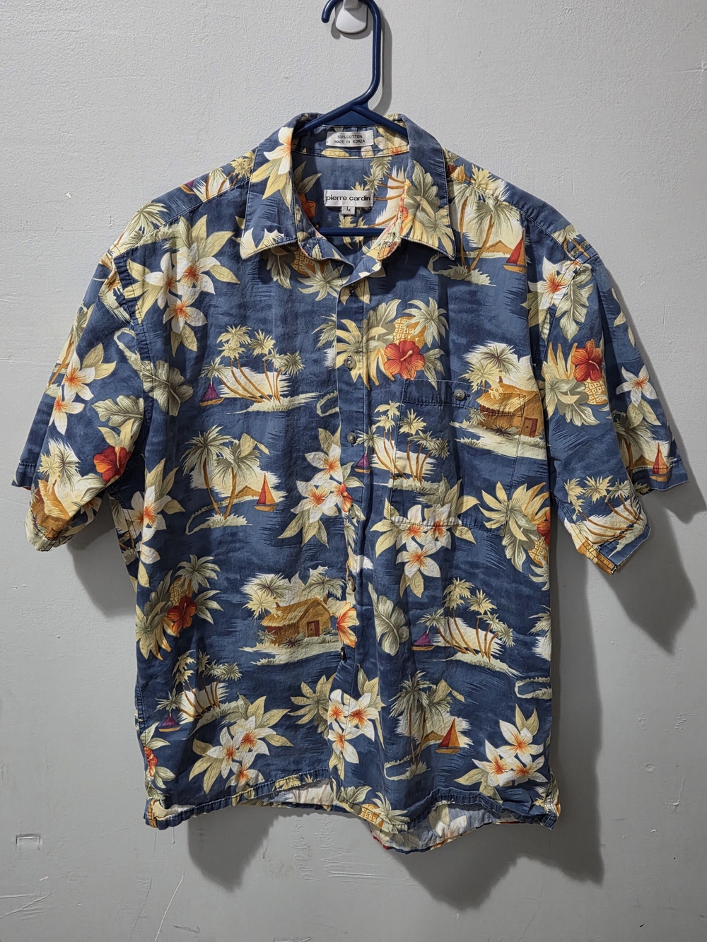 Pierre Cardin Navy Blue Tropical Floral Button-Down Shirt 100% Cotton